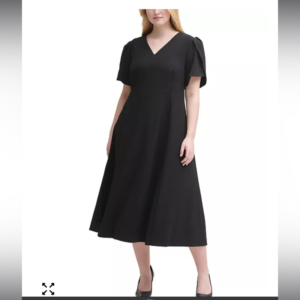 Calvin Klein Black A-Line V-Neck Midi Dress NWT